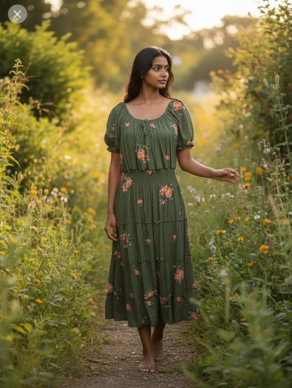 Kindred Olive Green Floral Maxi Dress Smocked Waist Boho Size XXL